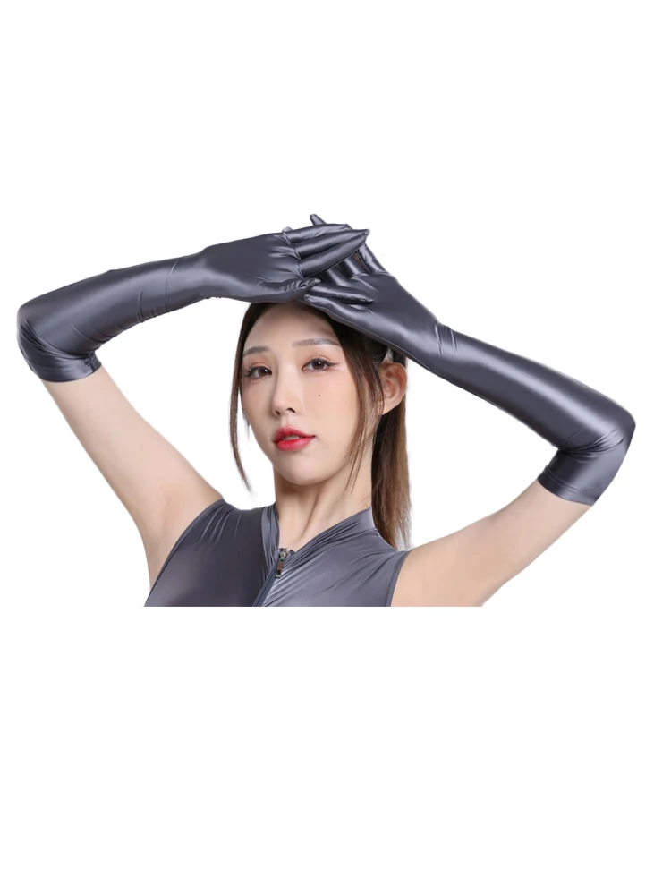 Sexy Women Smooth Shiny Elastic Glove Oil Gloosy Silky Sheer See Through Long Gloves Sunscreen Driving Glove Luxury Candy Color