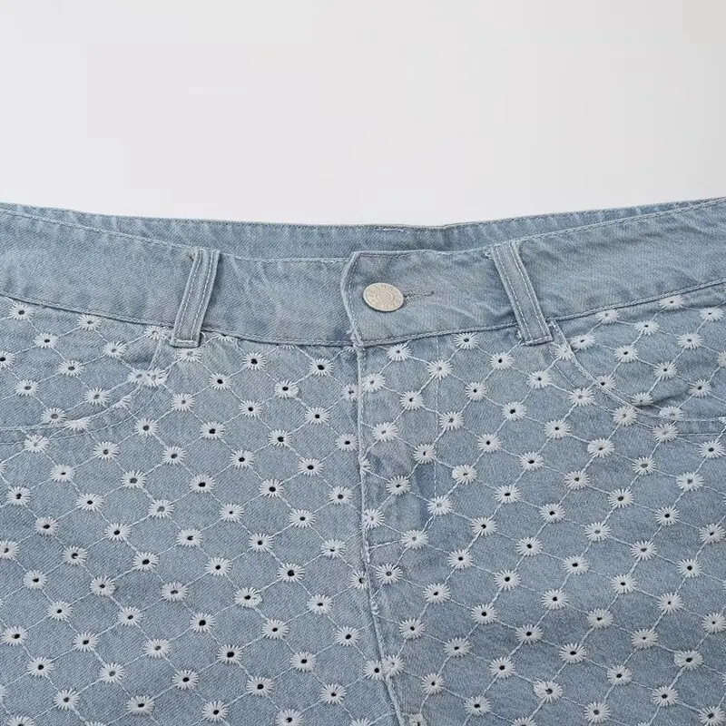 

Fall 2024 New Women's Mid-Waist Embroidered Casual Versatile Hollow out Denim orts l Waist ort Pants