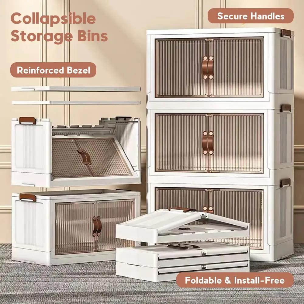 Collapsible Toy Storage Box with Double Door, Stackable Cabinet, Portable Cabinet, Stackable Organizer Box with Caster Wheels