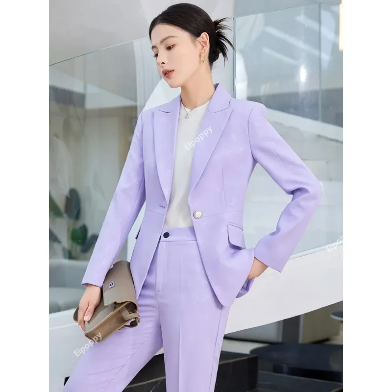 

2024 New Purple Pantsuit for Women Slim Blazer Suit +Pants Print Women's Outfits 2 Piece for Business Professional Women's Suit