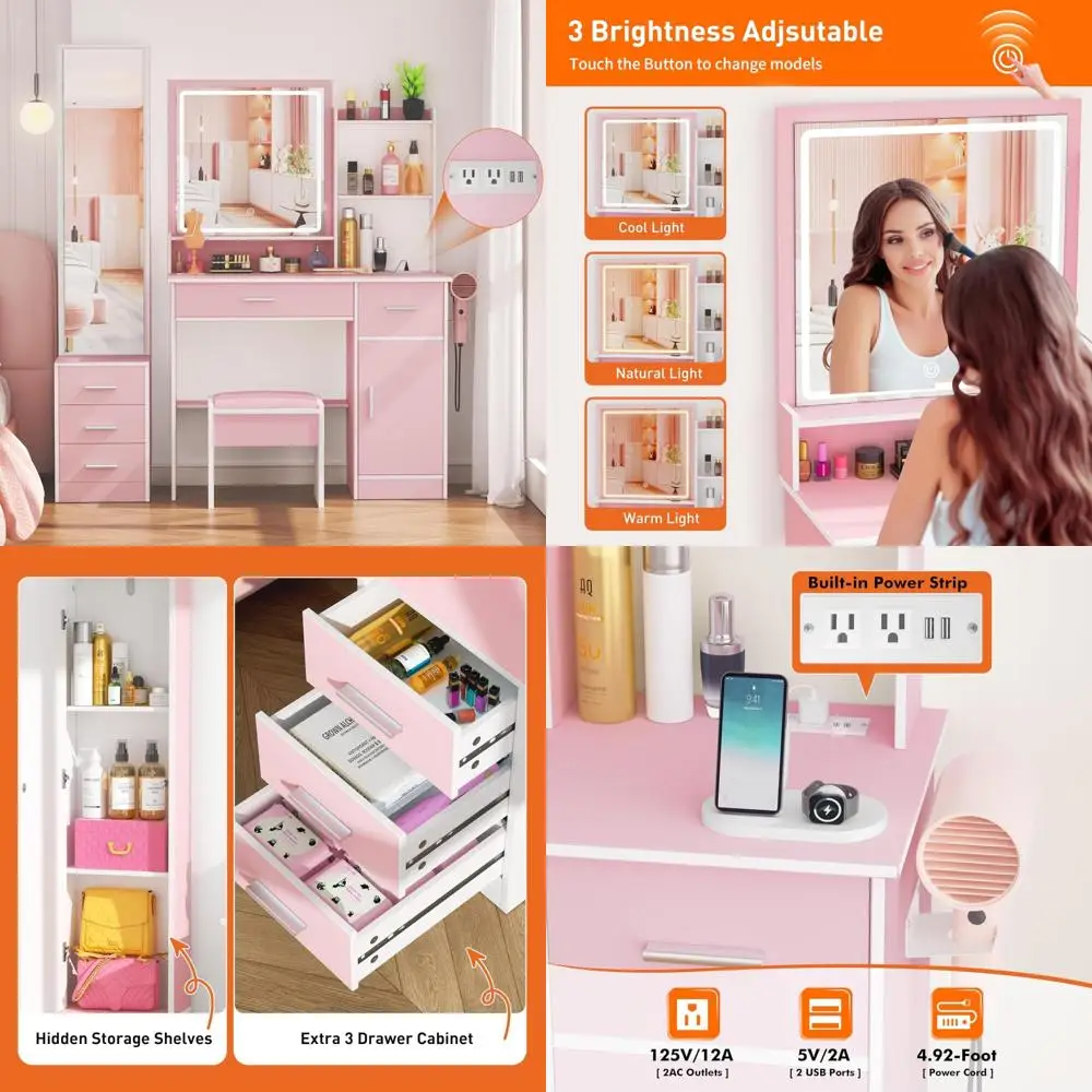 Beleuchteter Schminktisch mit zwei Spiegeln und Hocker, 3-Modus-Schminktisch-Set in Rosa