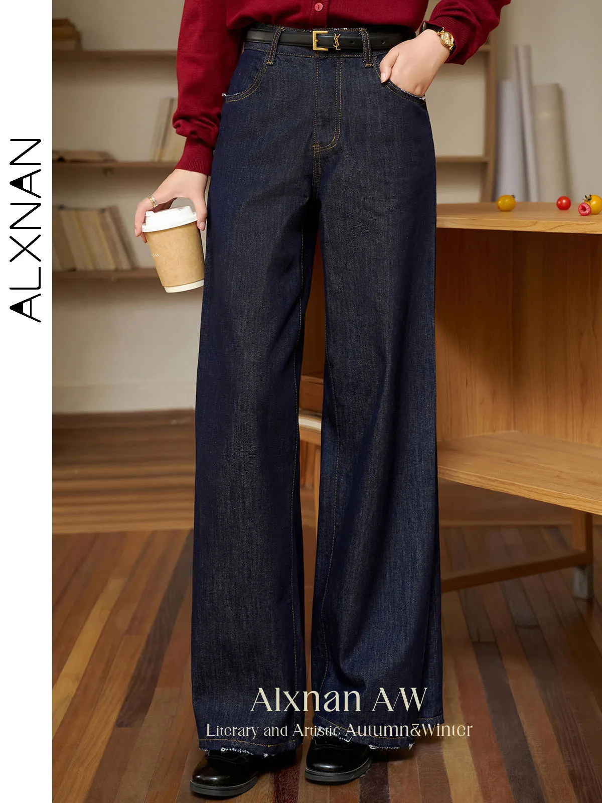 ALXNAN Vintage Wide Leg Baggy Jeans for Women 2024 Autumn Winter High Waist Zipper Loose Straight Trousers Female L39858