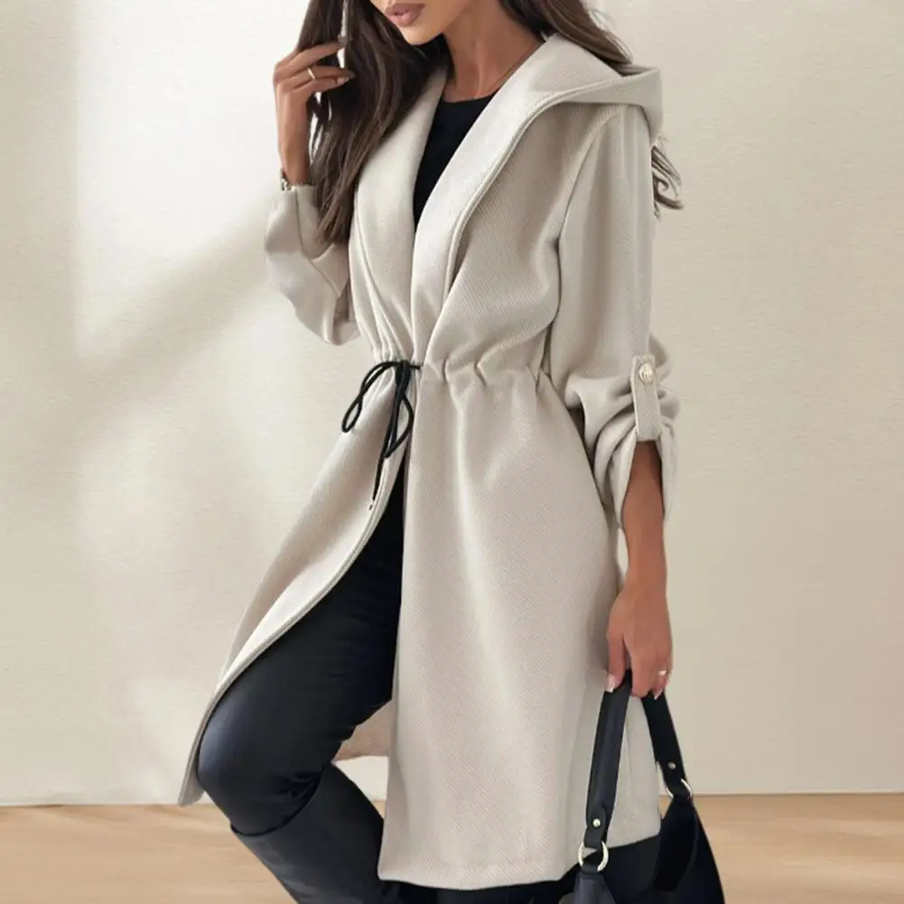 Women Trench Caot Winter Drawstring Slim Waist Hooded Lady Coat Solid Color Mid Length Long Sleeve Overcoat With Cufflinks