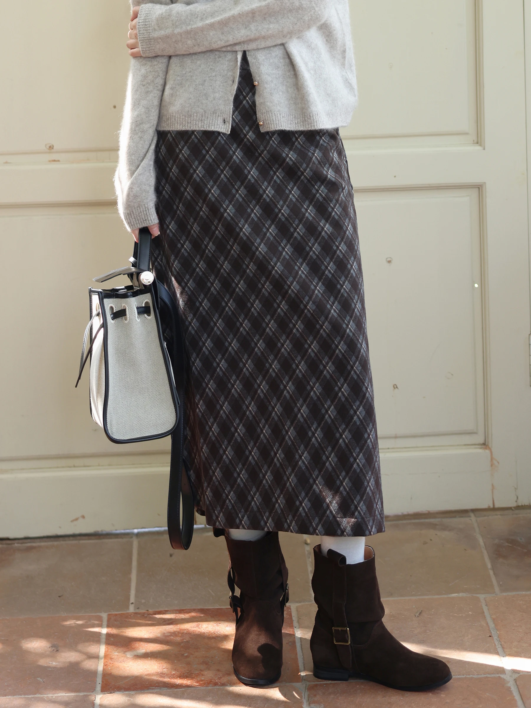 

MUNNS High Waist A-Line Skirt Retro Plaid New Autumn Winter Faion Slimming f-length Skirts for Women