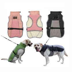 Winter Dogs Coat Windproof Turtleneck Warm Thickened Fleece Lining Dog Jacket Leash Harness Strip Cold Weather Pet Clothes