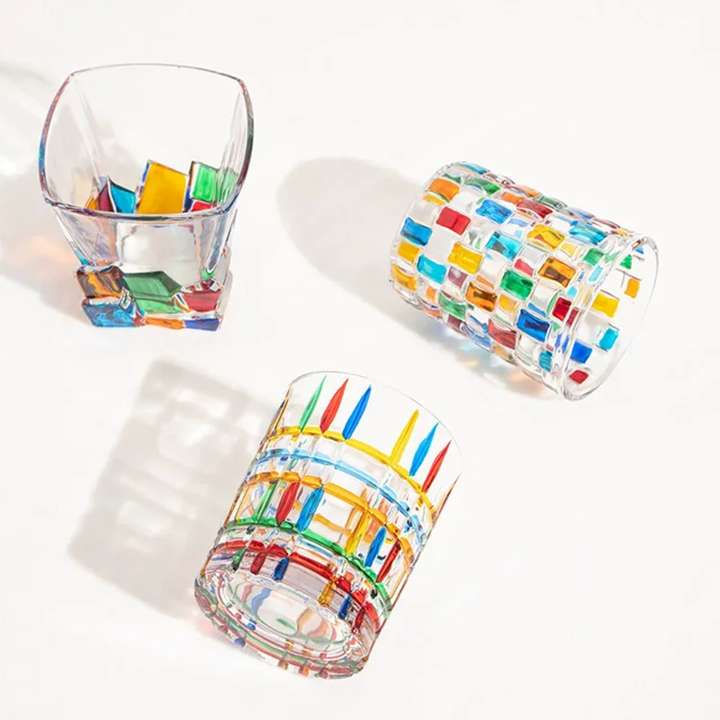 

European-Style Coulorful Lines Hand-Painted Lines Woven Crystal Stained Juice Cup Whiskey Glass Personalise Gift Cocktail Tool