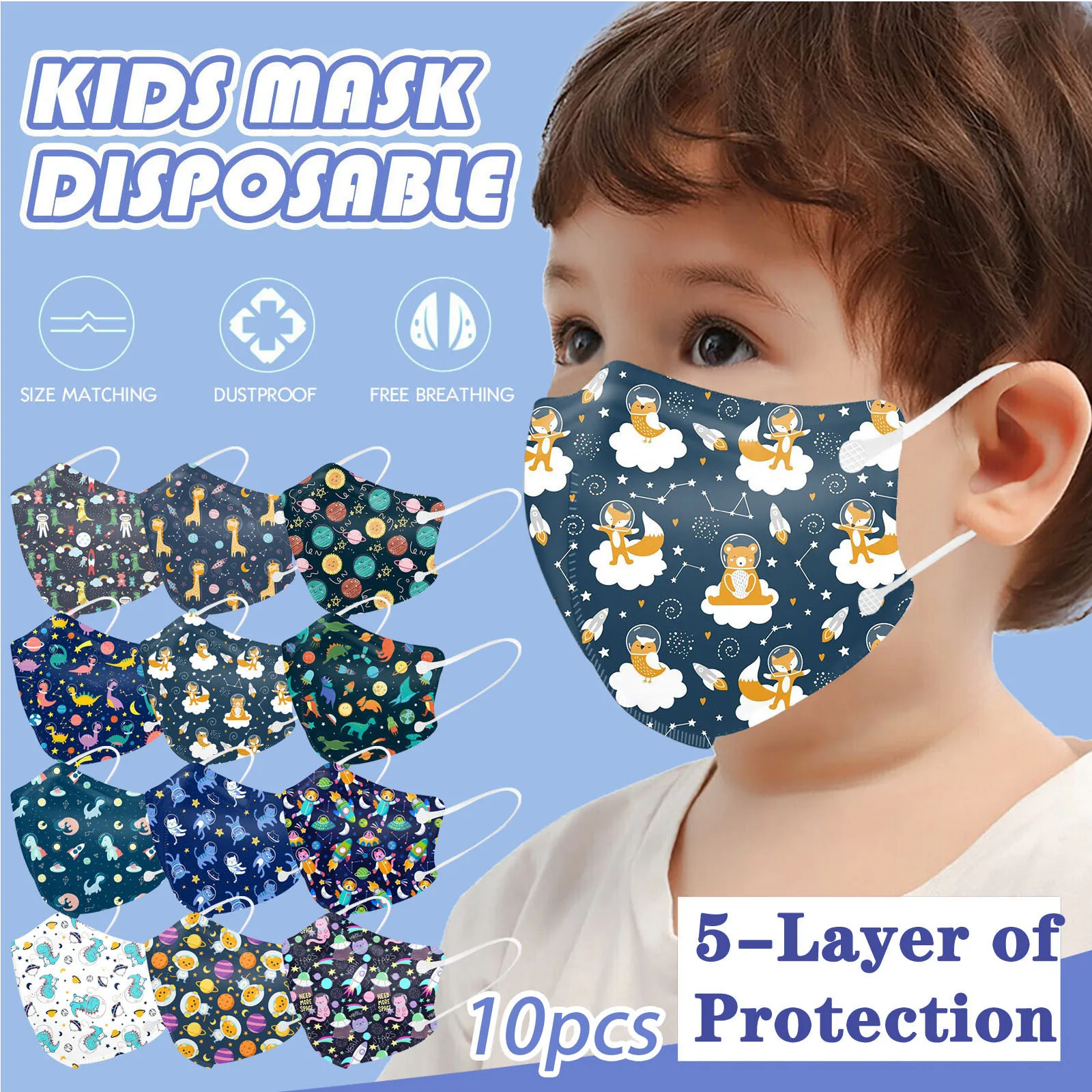 5-Layer Astronaut Series Printed Face Masks For Children, Daily Protective Breathable Face Mask Outdoor Dust-Proof Face