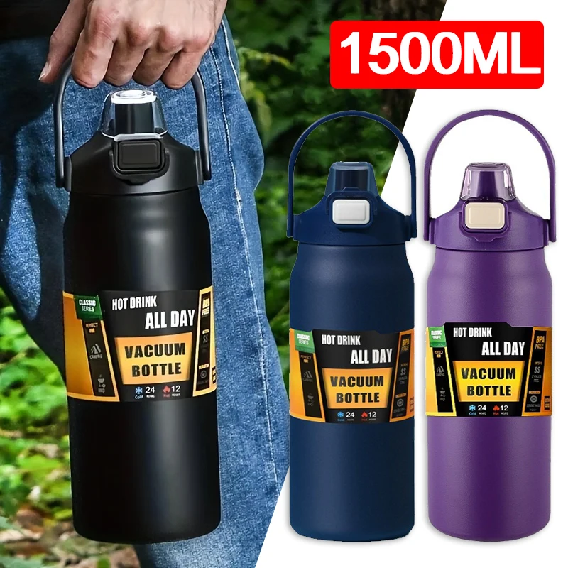 

1500ML Outdoor Thermos 304 Stainless Steel Thermal Mug Tumbler Vacuum Flasks Keep Cold and Hot Sports Water Bottle with Straw ﻿