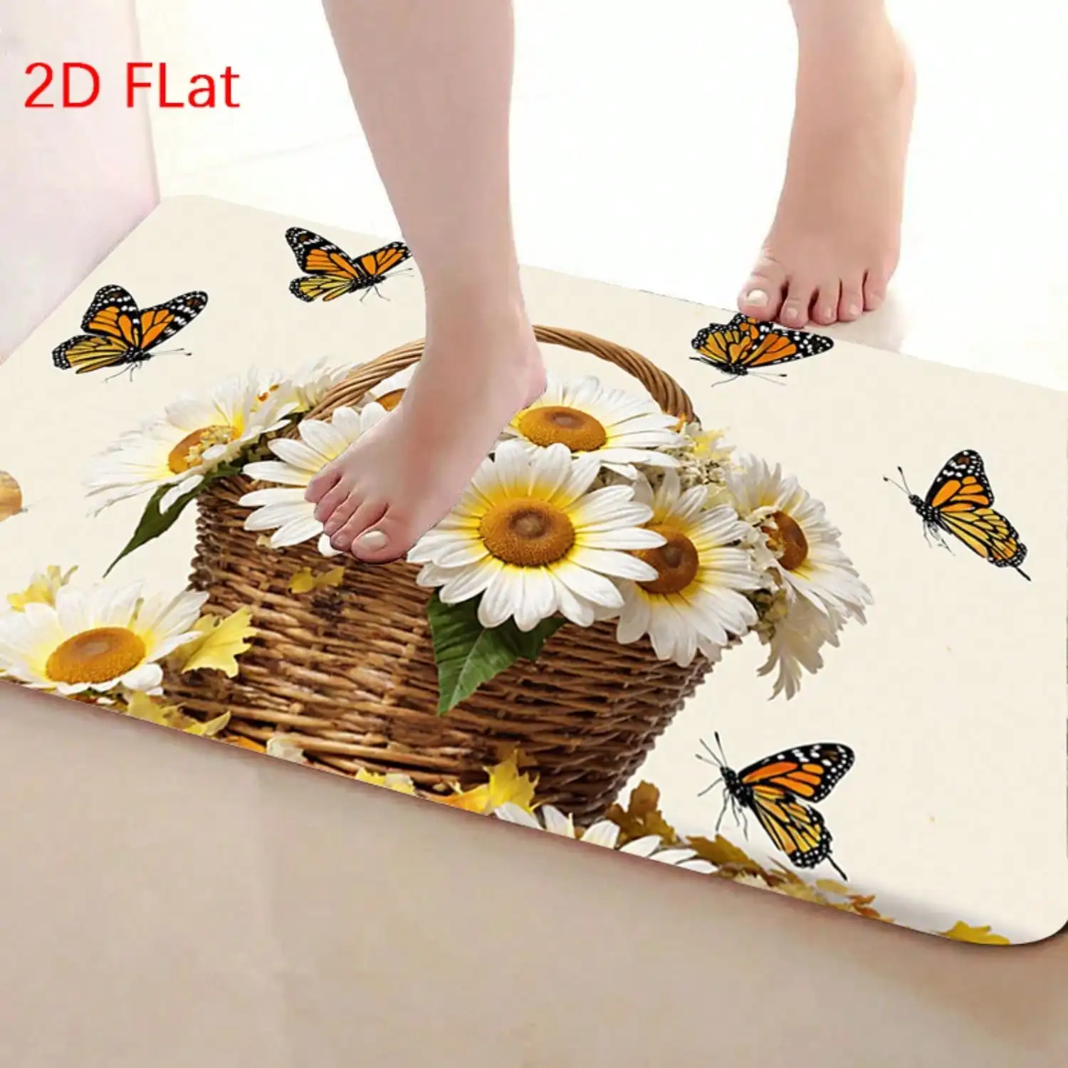 2D Flat Flower And Butterfly Patterned Printed Doormat, Soft And Comfortable Flannel Mat, Suitable For Indoor/Outdoor Entryway, Welcome Mat, Entryway Carpet