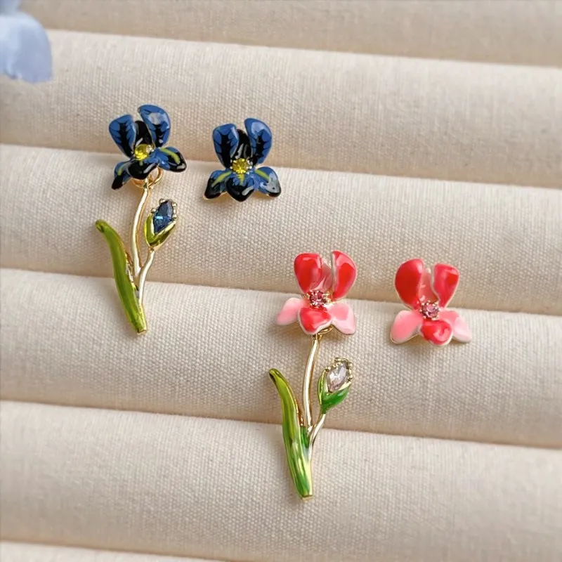 

Unique Asymmetric Flower Earrings Elegant Blue Iris Floral Design Asymmetric Earrings Exquisite Enamel Earring Jewelry Wholesale
