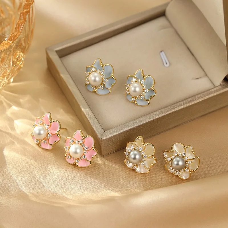 

Popular Elegant Flower Pearl Earrings Fashion High Sensibility Mori Drip Glaze S925 Silver Needle Stud Earrings