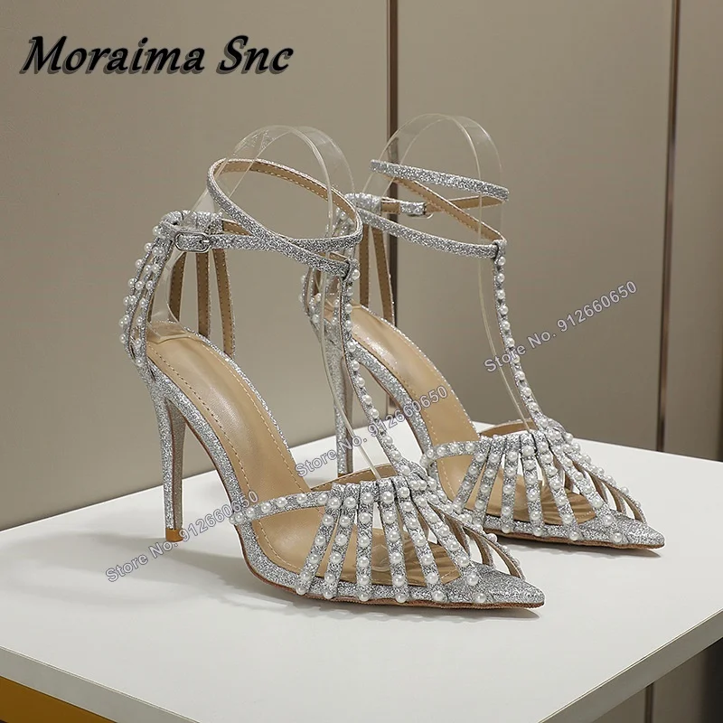 Moraima Snc Bling T Strap Rivet Women Sandals Pointed Toe Thin High Heels Shoes Ankle Buckle Women Stilettos Cover Heel Sandals