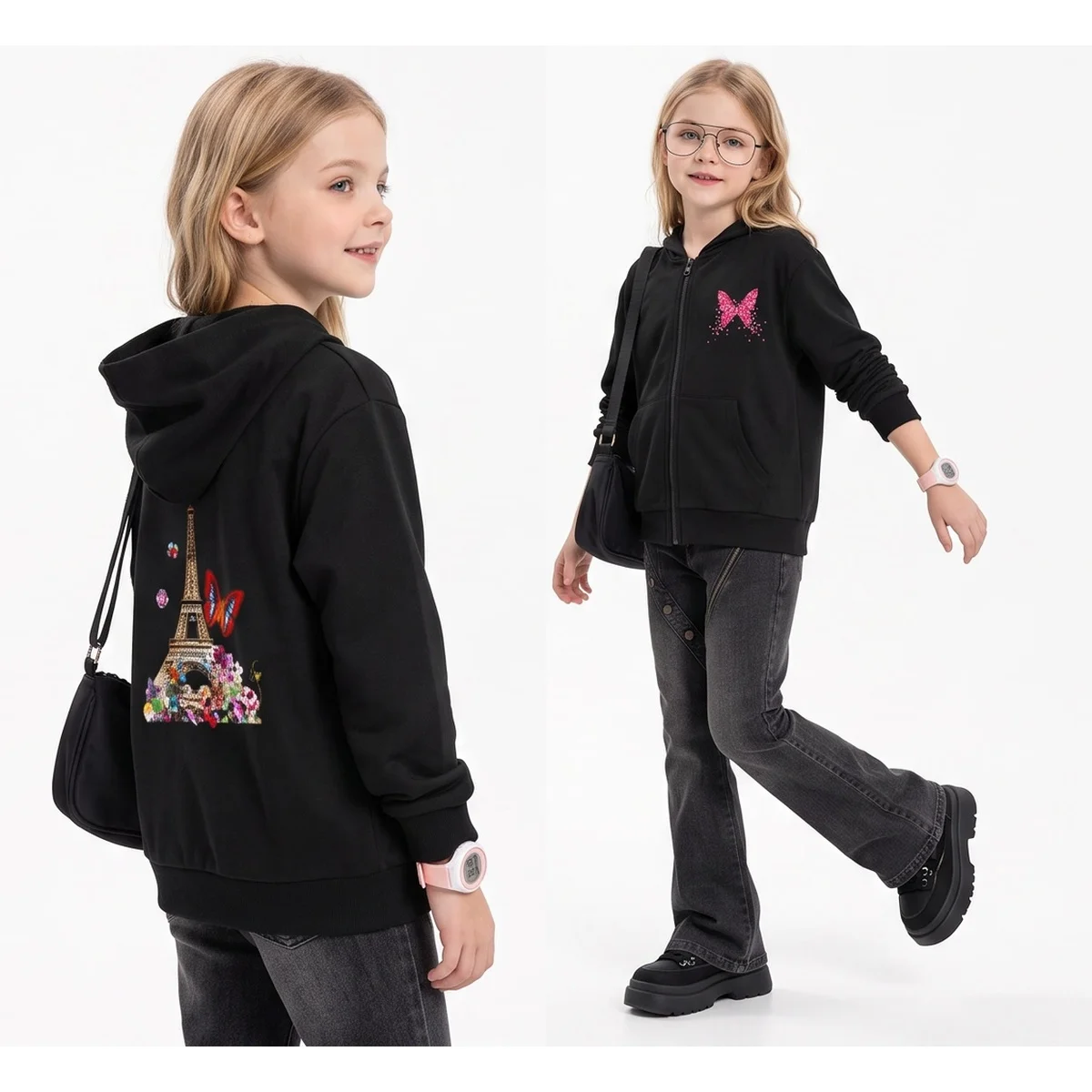 Cute Girls Zip‑Up Hooded Jacket, Floral Butterfly & Eiffel‑Tower Double‑Sided Print Kids Light‑Weight Spring Autumn Outerwear