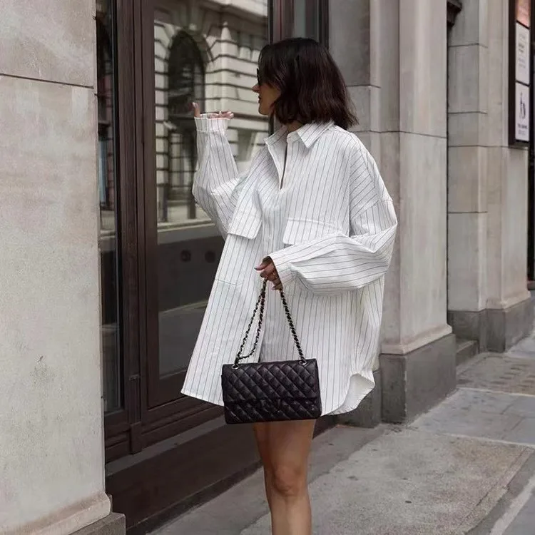 Loose Casual a righe irt Colletto rovesciato Lungo Sve Modello a righe Premium Faion da donna Comodo vestibilità ampia irt