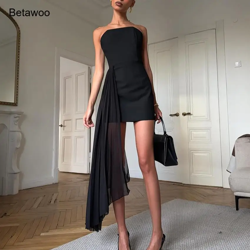 Damen Schwarzes Trägerloses Minikleid mit Transparentem Chiffon Asymmetrischer Drapierung Elegantes Party-Cocktailkleid