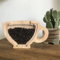 Creative Wooden Teacup Shape Piggy Bank Decoration Coffee Shop Coffee Bean Decoration Storage Tank Tip Jar Home Decor