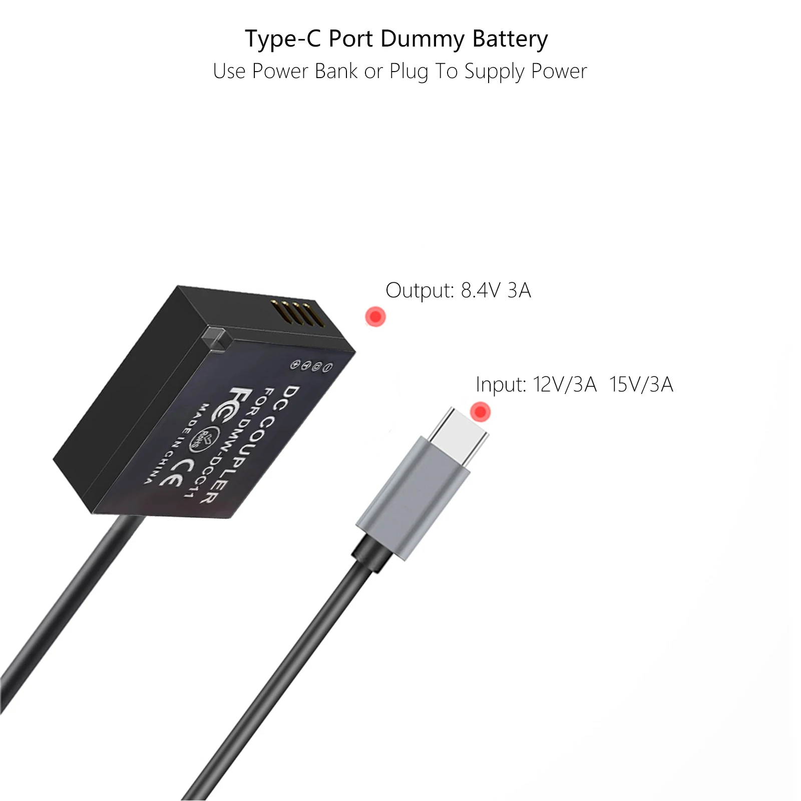 USB-C to DMW-DCC11 Dummy Battery For Panasonic Lumix GX7 GX85 GX9 TX1 TX2 GF3 GF5 GF6 ZS100 ZS200 TZ110 ZS80 G100 Cameras view 3