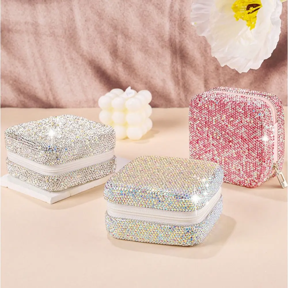 Luxury Bling Rhinestone Jewelry Box Square Double Layer Portable Ring Holder Protective Zipper Closure