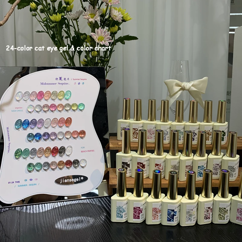 

24-color glitter gel nail polish set with color chart and UV nail gel. DIY nail art artistry, perfect for beginner nail technici