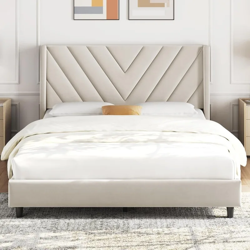 

Full Bed Frame Upholstered Platform Bed with Wing Side Tufted Headboard/Sturdy Wooden Slat Support/No Box Spring Needed