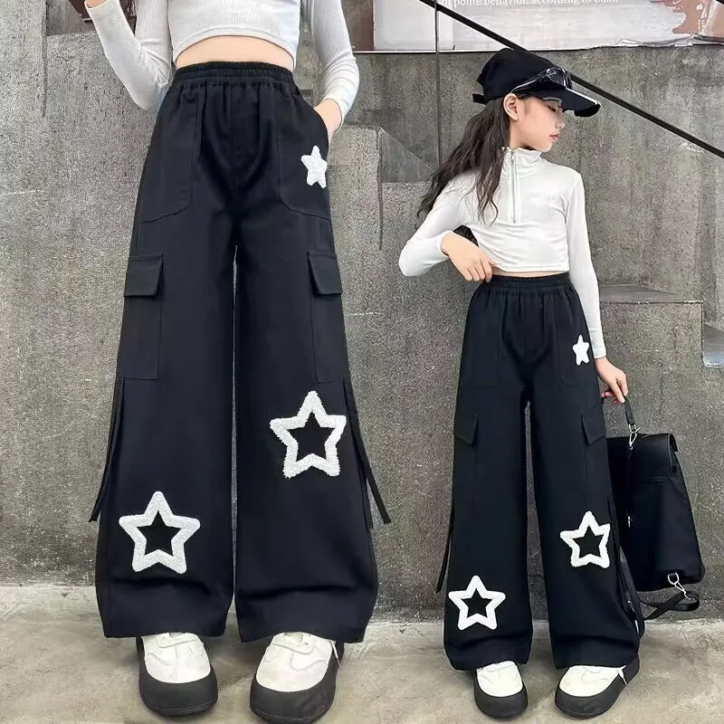 5-14 Years Spring Autumn Teen Girls Pants Five-Pointed Star Print Casual Cargo Trousers For Kids Outdoor Wear Wide-Leg Pants