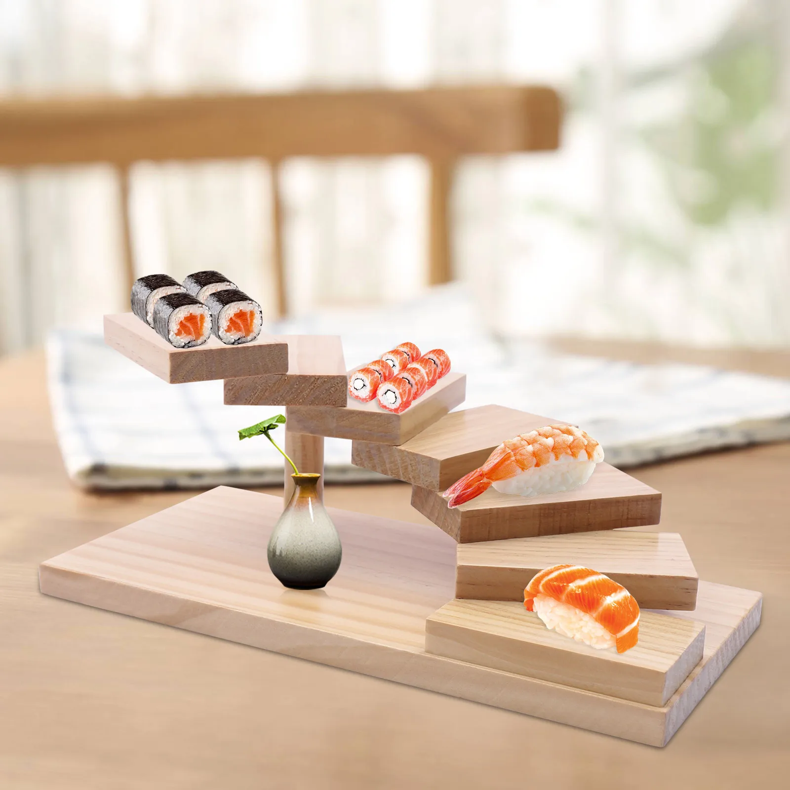 

Bamboo Staircase Sushi Rack Japanese Sushi Display Rack Hotpot Restaurant Staircase Style Dish, Bakery Bamboo Seven-Tier