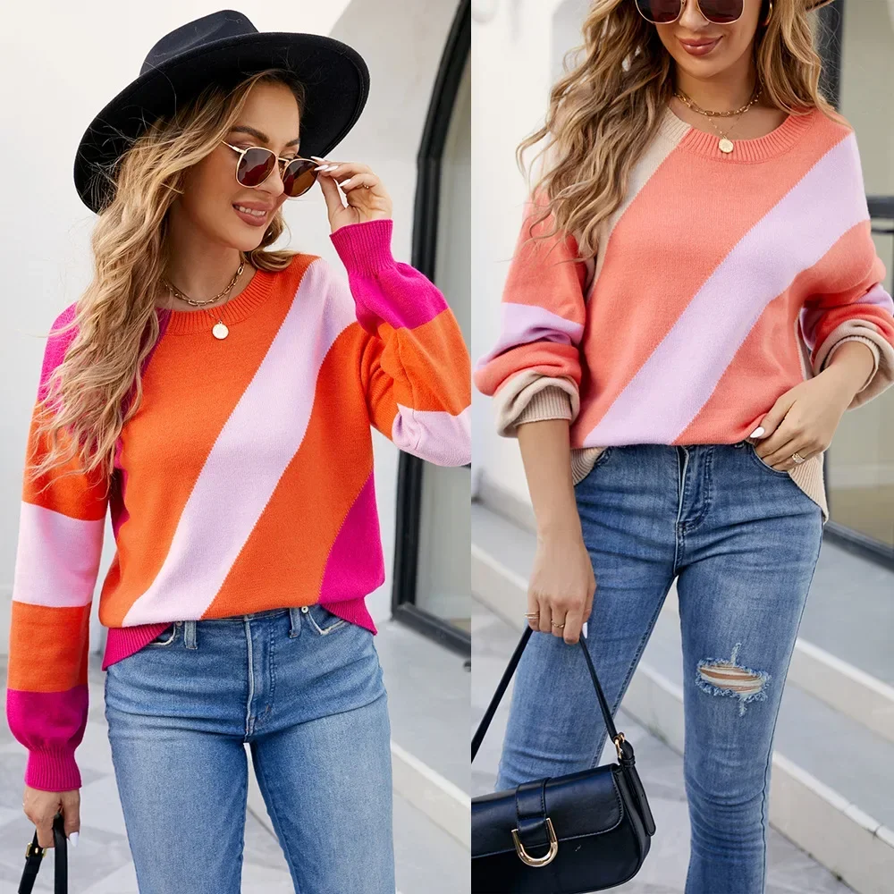 Women Sweater Long Sleeve - 2023 Fall Striped Round Neck Pullover Knit Tops Cute Casual Color Block Sweaters