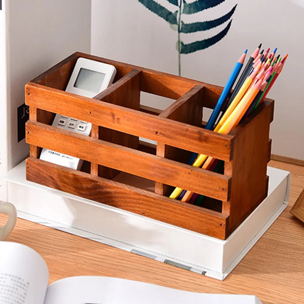 Wooden Compartment Storage Box for Pens Makeup Brushes Powder Puff Desktop Organizer Bathroom Bedroom Vanity Sundries Holder