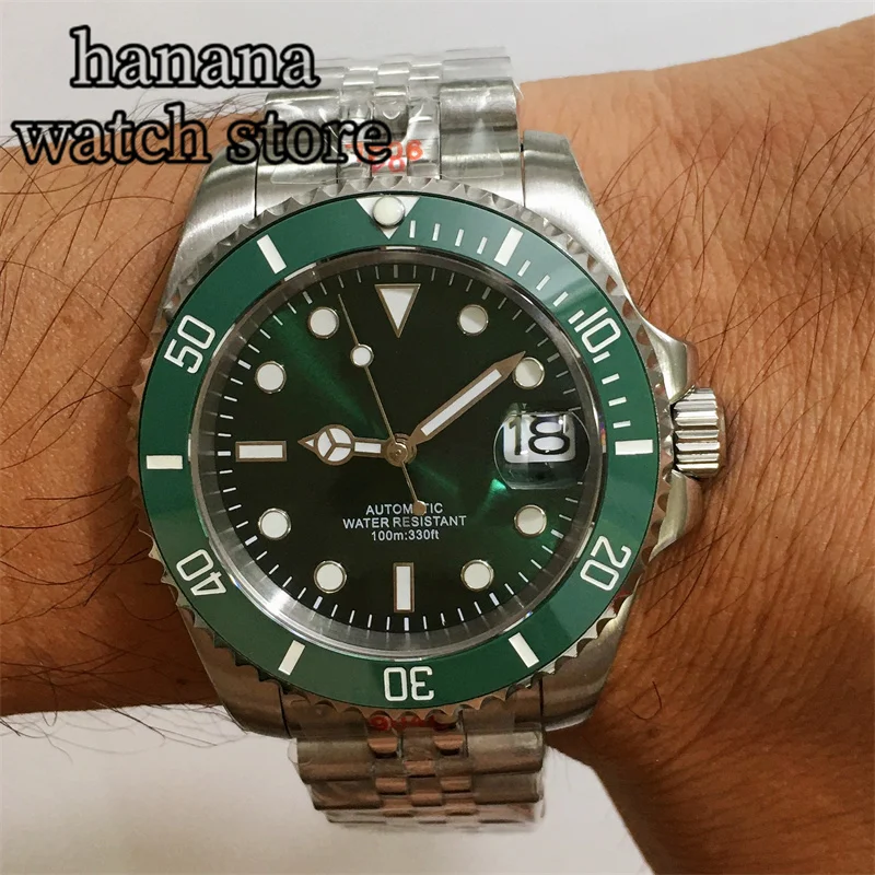 Bliger 40mm men's watch Sunburst green dial NH35A movement sapphire glass ceramic luminous bezel one-way rotation 120 clicks