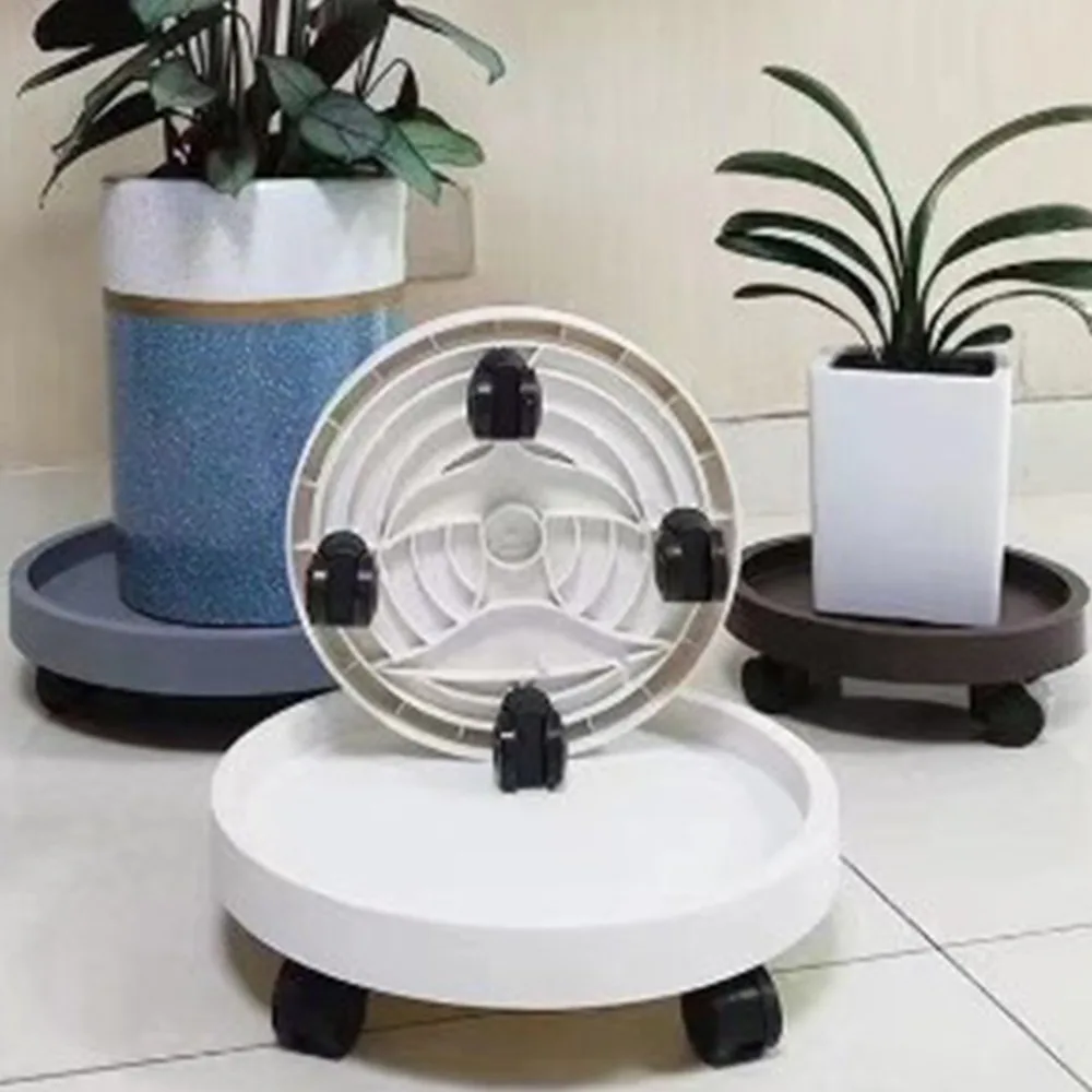 Durable Round Shape Plant Stand Caddy Removable Wheels White Planter Trolley Rolling Castors Design Rolling Plant Saucer