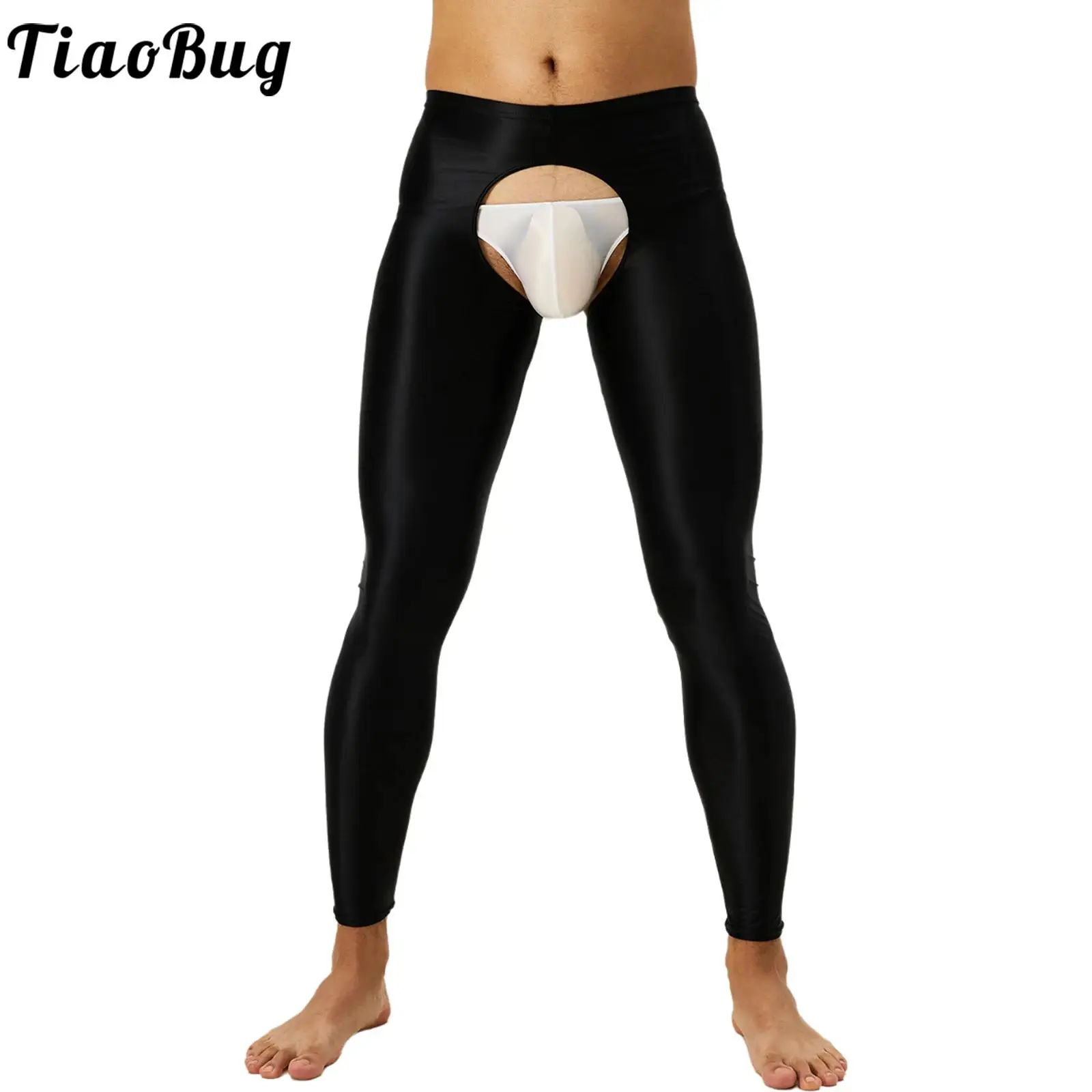 Mens Oil Glossy Open Crotch Leggings Pants Elastic High Waist Slim Fit Tights Trousers Underwear Pants for Nightclub Dance Wear