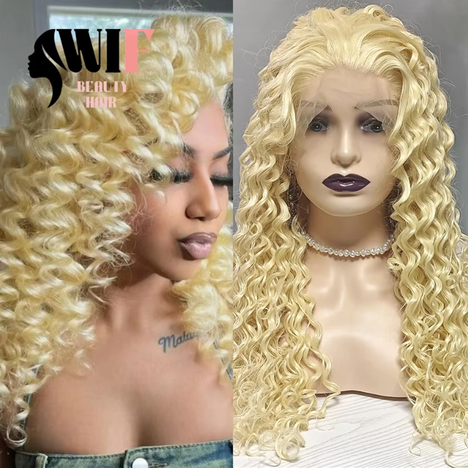 WIF 613# Blonde Kinky Curly Synthetic Wig Curl Wave Blonde Hair Heat Resistant Kinky Wavy Lace Front Wigs Women Makeup Daily Use