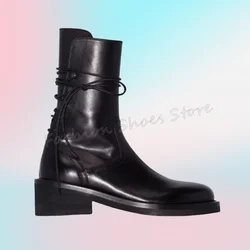 Black Lace Up Men's Chelsea Boots Matte Leather Chunky Heels Winter Shoes for Men British Style Runway Handmade Big Size Shoes