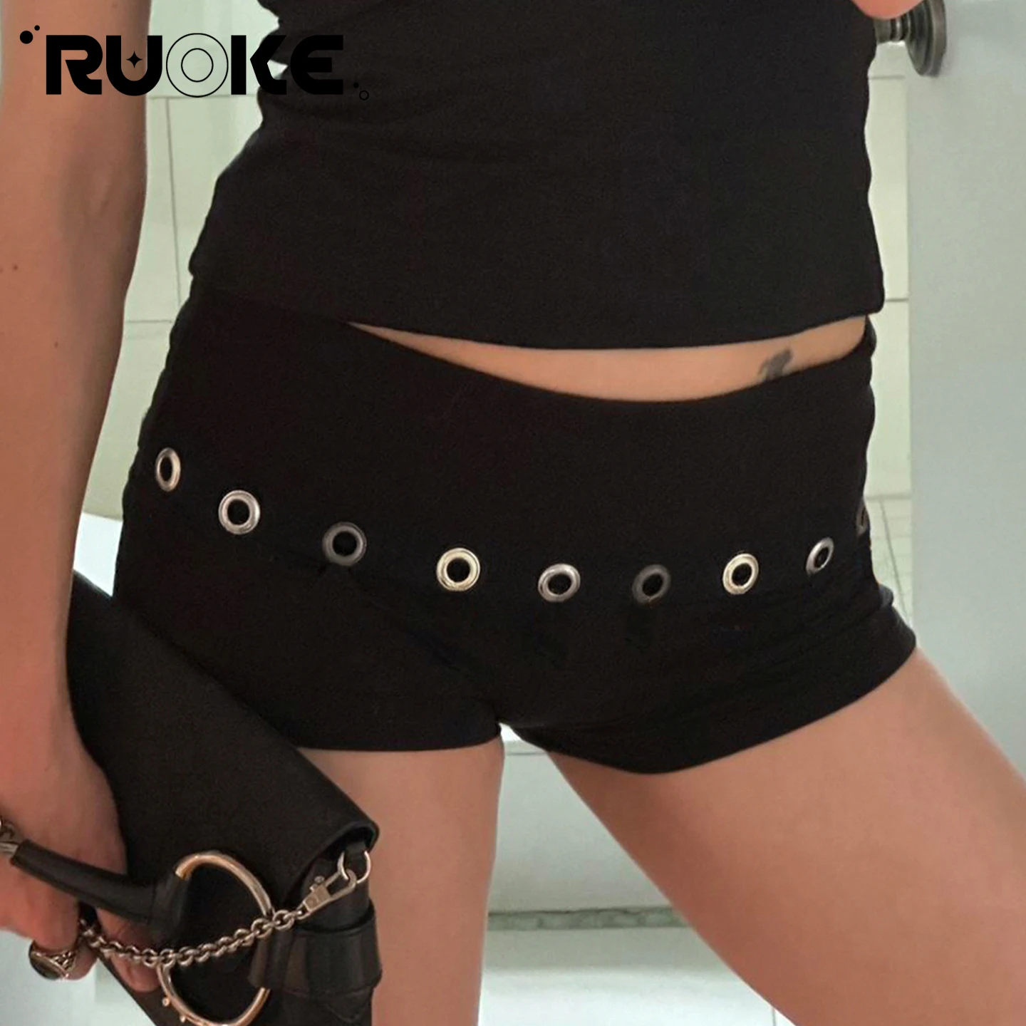 

[RUOKE] Y2K Streetwear Low Waist Hot Shorts For Women Sexy Grommet Mini Shorts Club Music Festival Party Spring Summer Bottoms