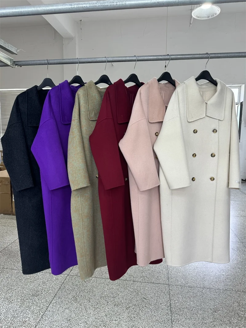 Solid Color High Quality Wool Coat Women Double-side Long Warm Woolen Caot Slit Double-breasted Alpaca Thick Jaket Autumn Winter