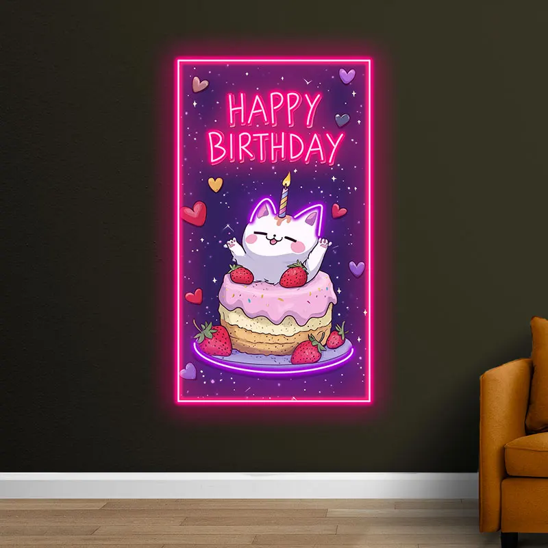 Happy Birthday Cat Cake Neon Light Sign, Perfect for Party Decor, Kids Room, Fun Gift for Cat Lovers, Adorable LED Sign Wall Art