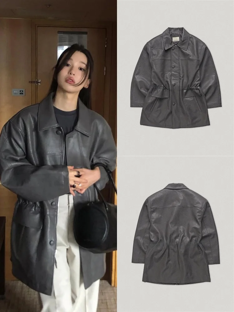 

PU Leather Coat Women's Vintage Sle Belted Mid-Length Versatile Outerwear Long Sve Flip-Collar Faionable