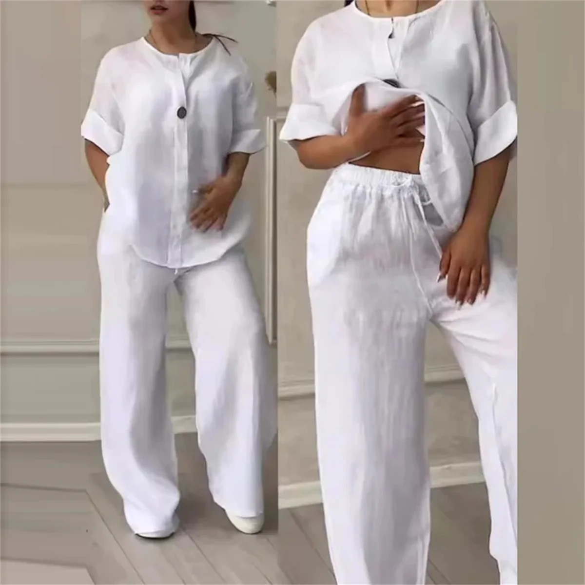 Solid V Neck Loose Suit V Neck One Button Long Sleeve Top Wide-leg Pants Women Outfit Comfortable Two piece Set Casual 2PCS 2024