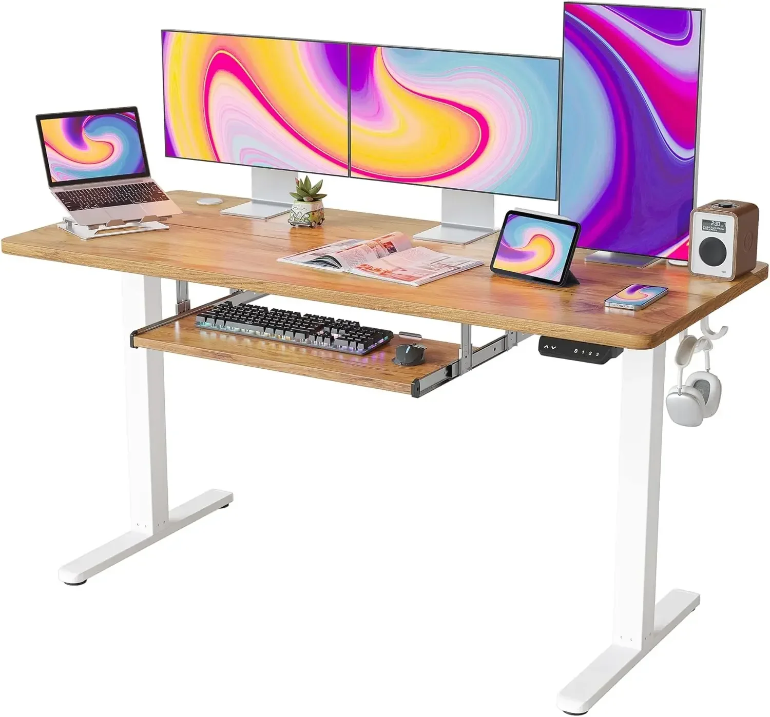 Standing Desk with Keyboard Tray, 63 × 24 Inches Electric Height Adjustable Desk, Sit Stand Up Desk