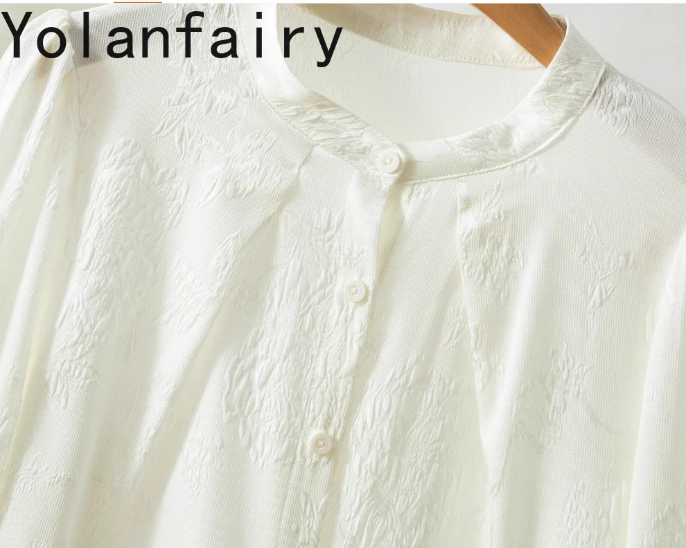 YOLANFAIRY 93% قميص حريري التوت الحقيقي للمرأة قمصان صيفية أنيقة بأكمام طويلة وياقة واقفة قمصان نسائية فضفاضة Dames