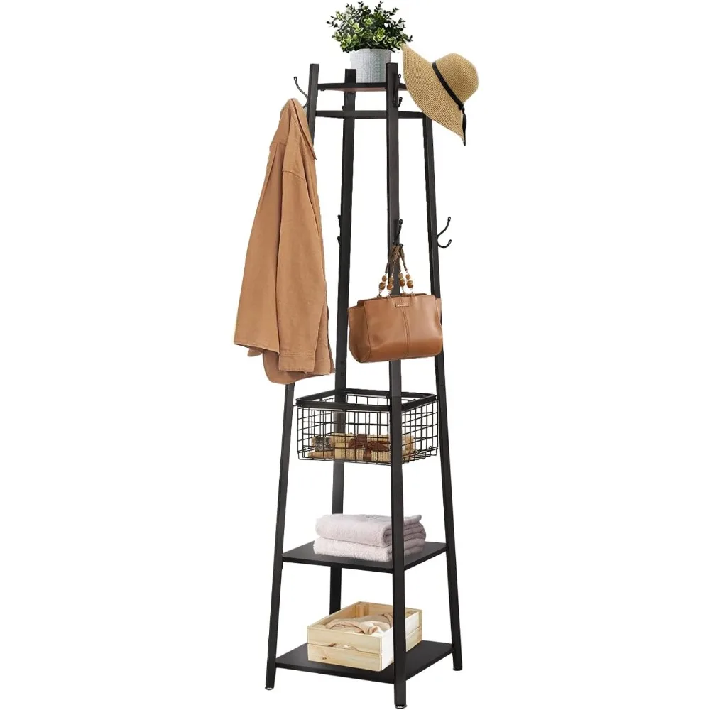 

Coat Rack Freestanding,Hall Tree with Metal Basket and Storage Shelves,Industrial Coat Rack Stand with 8 Hooks for Hanging Coats