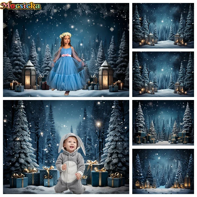 

Mocsicka Christmas Blue Sky Backdrop Photography Forest Snowflake Gift Outdoor Winter Photographic Background Photo Studio Props