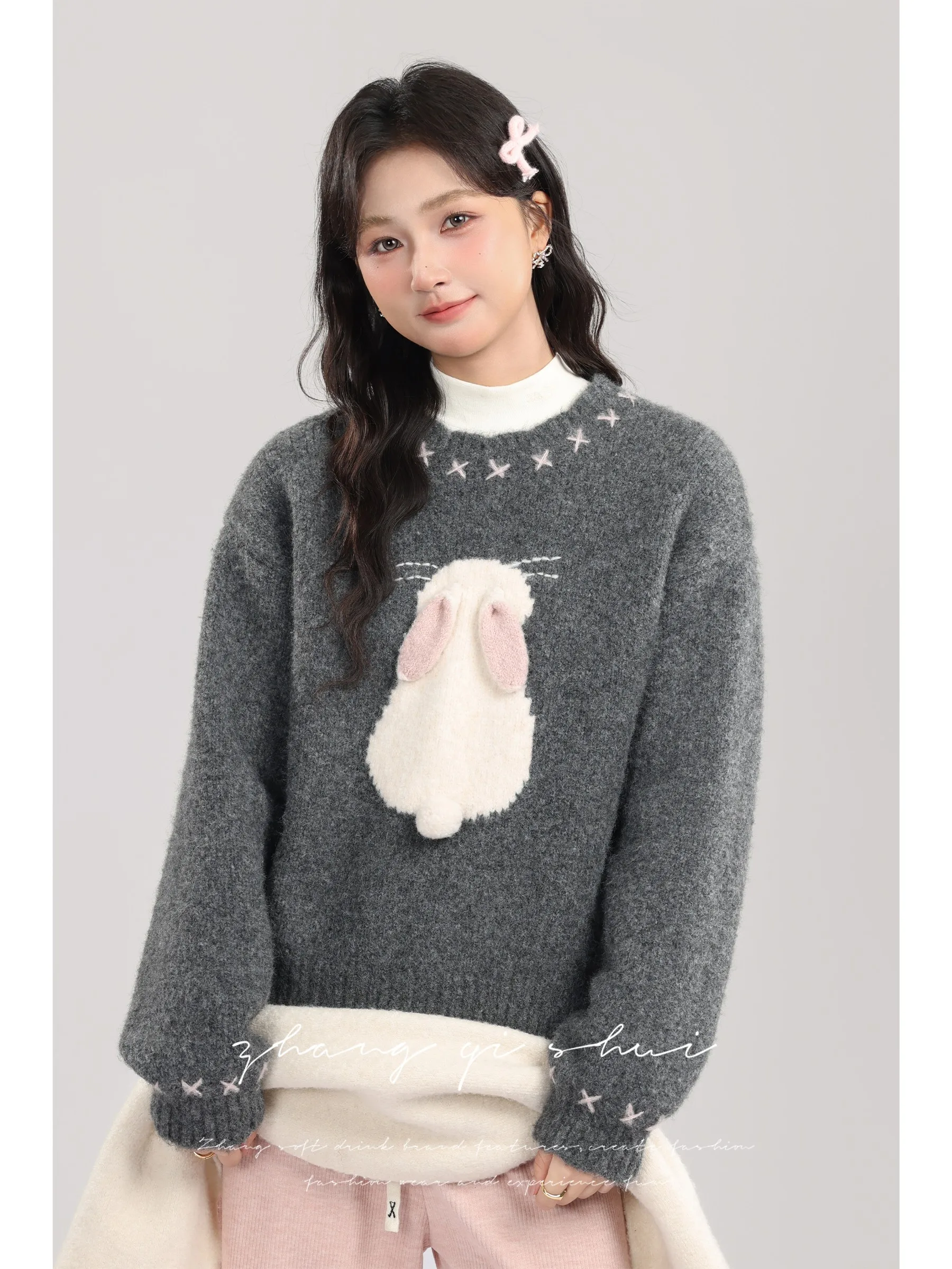 

Мягкий уютный свитер-пуловер с круглым вырезом для женщин, свободный крой, с вышивкой, осенне-зимний, однотонный, для повседневной носки, с длинными рукавами