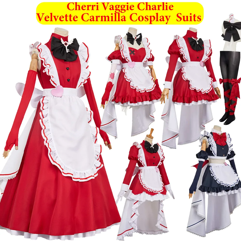 

Charlie Vaggie Cherri Velvette Carmilla Cosplay Costume Maid Dress Headband Stockings Anime Hotel Roleplay Suit Halloween Cloth