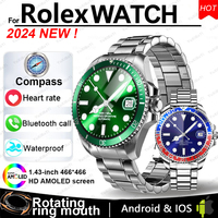 2024 New For Rolex SmartWatch Men Compass GPS Track Smartwatch Amoled Always Displays Temperature Clock BT Call Smartwatch+BOX