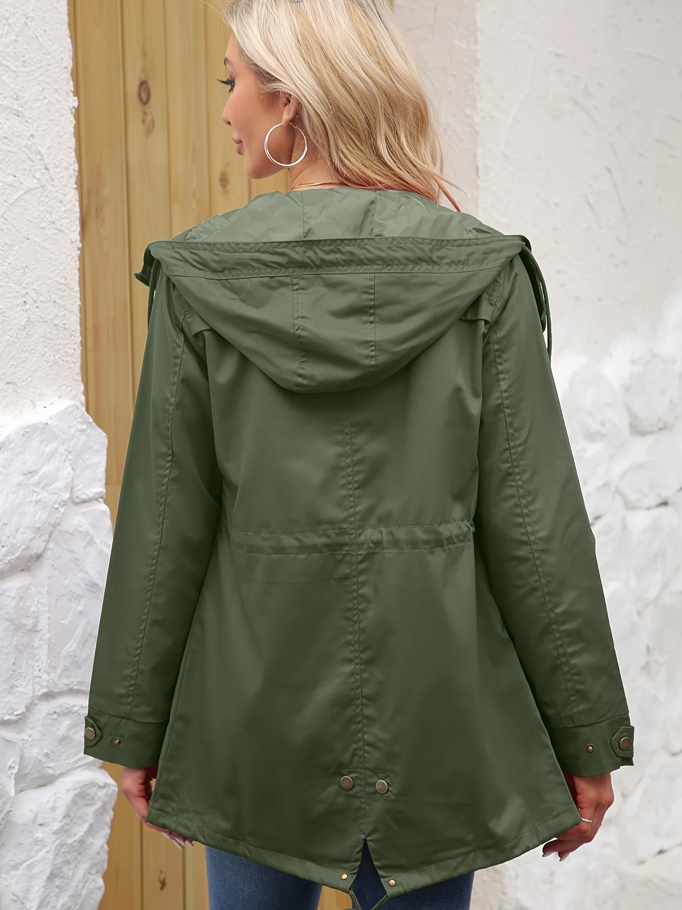 Women's Hooded Utility Jacket Long Sleeve Drawstring Waist Parka with Pockets for Spring & Fall