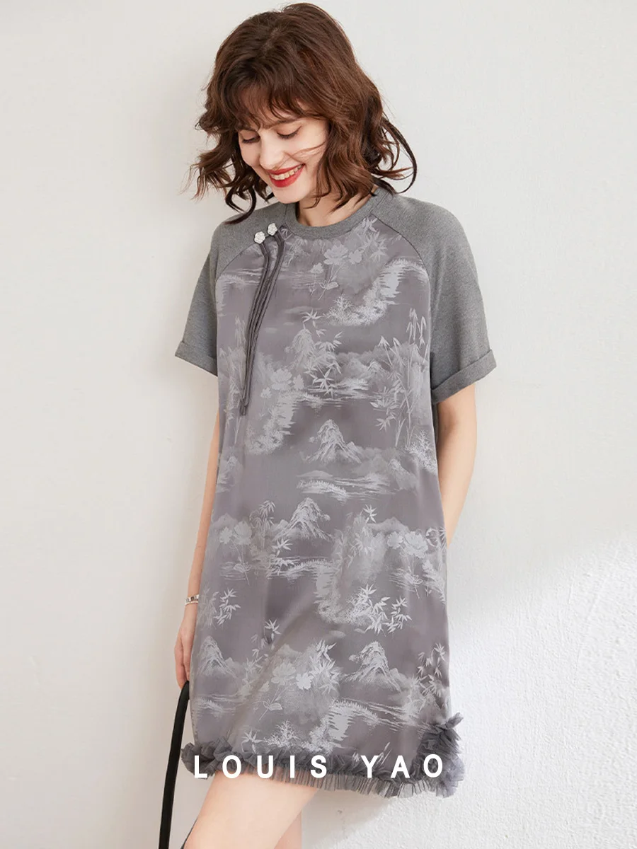 

LOUIS YAO 2025 Summer Chinese style Printed Skirt New Chinese style Splicing Lace Loose Short Sleeve Round Neck Women's Dress