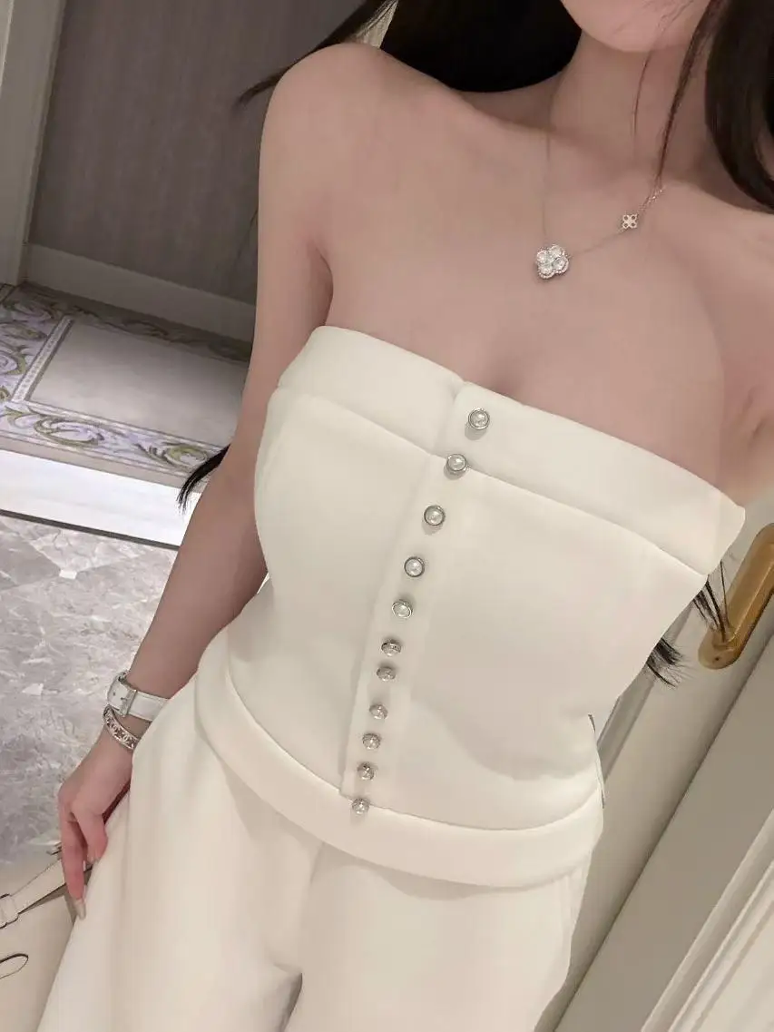 

Youenbb Autumn Winter White Casual Simple Buttoned Tube Top ort Faionable Ele Sle Women's Tube Tops