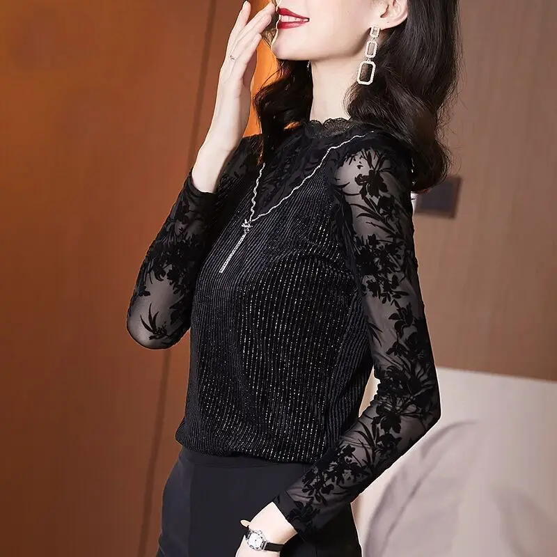 Female Clothing Stylish Bright Silk Blouse 2024 Spring Autumn Sexy Slim O-Neck Casual Printed Lace Patchwork Chic Diamonds Shirt