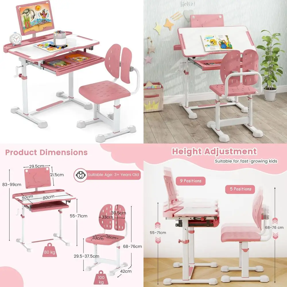 

Height-Adjustable Kids Study Desk and Chair Set with Book Stand, Footrest, and Ergonomic Design in Pink